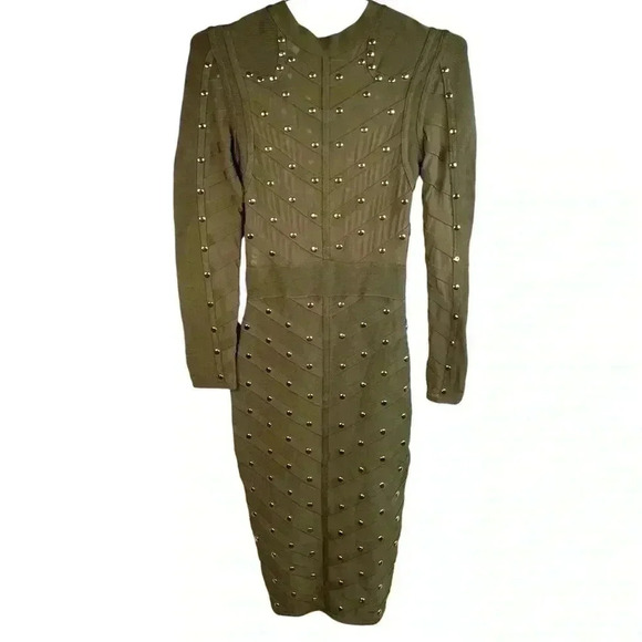 House of CB London Olive Green Mesh Bandage Mini Dress With Gold Studs - Picture 2 of 8